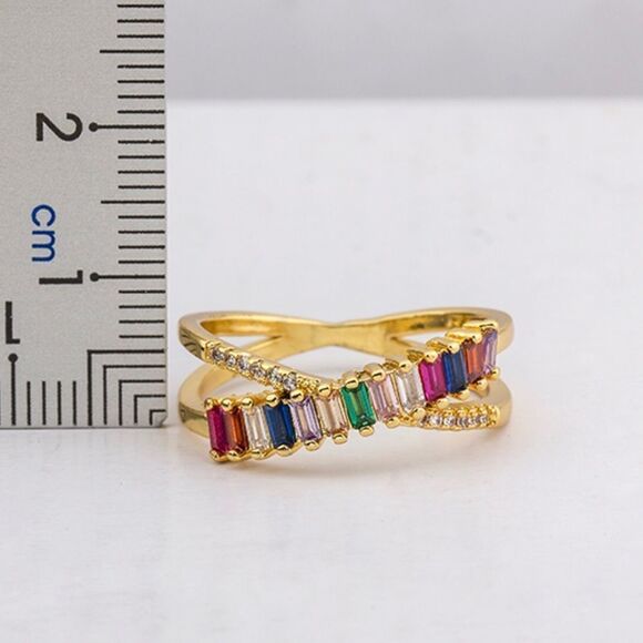 Rainbow Crossover Band Crystal Baguette Eternity Ring NWT - Picture 3 of 6